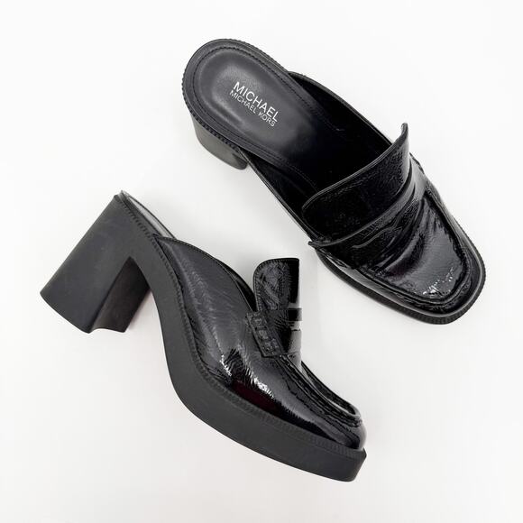 MICHAEL Michael Kors Mule SZ 8 Eden Crackle Patent Leather Platform Black Heel - Picture 1 of 15